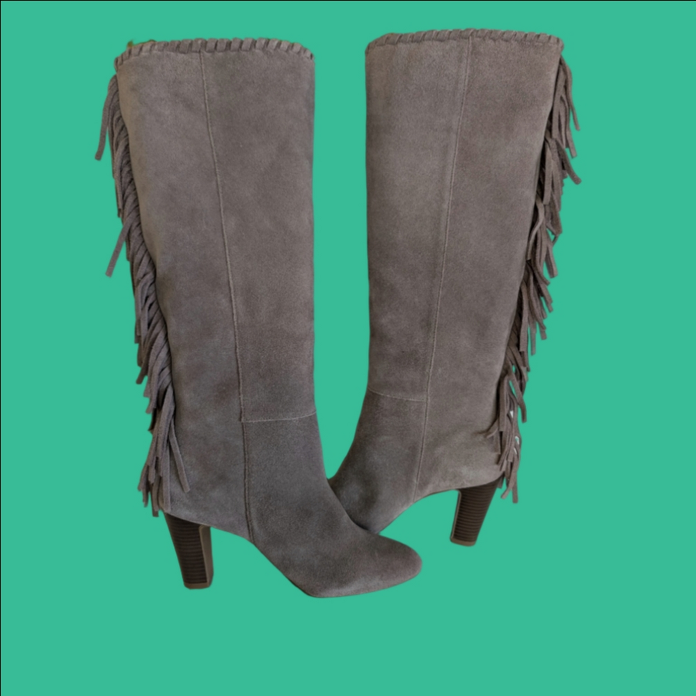 Boots Suede Knee-High With Fringe Pull On - Gray Size 7